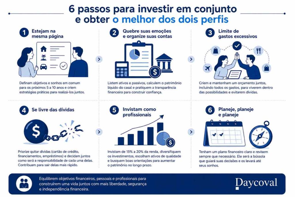 Infográfico com 6 passos para investir em conjunto como casal
