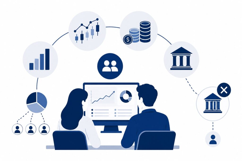 Ilustração mostrando os principais investimentos disponíveis em uma conta conjunta