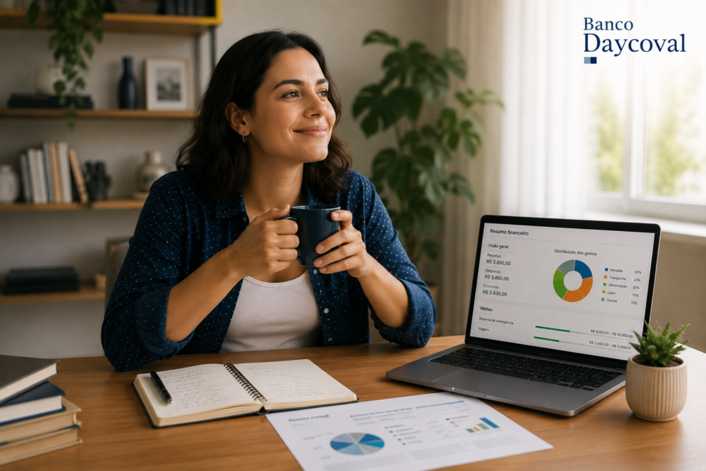 Pessoa com finanças organizadas após aprender como juntar dinheiro com o Banco Daycoval