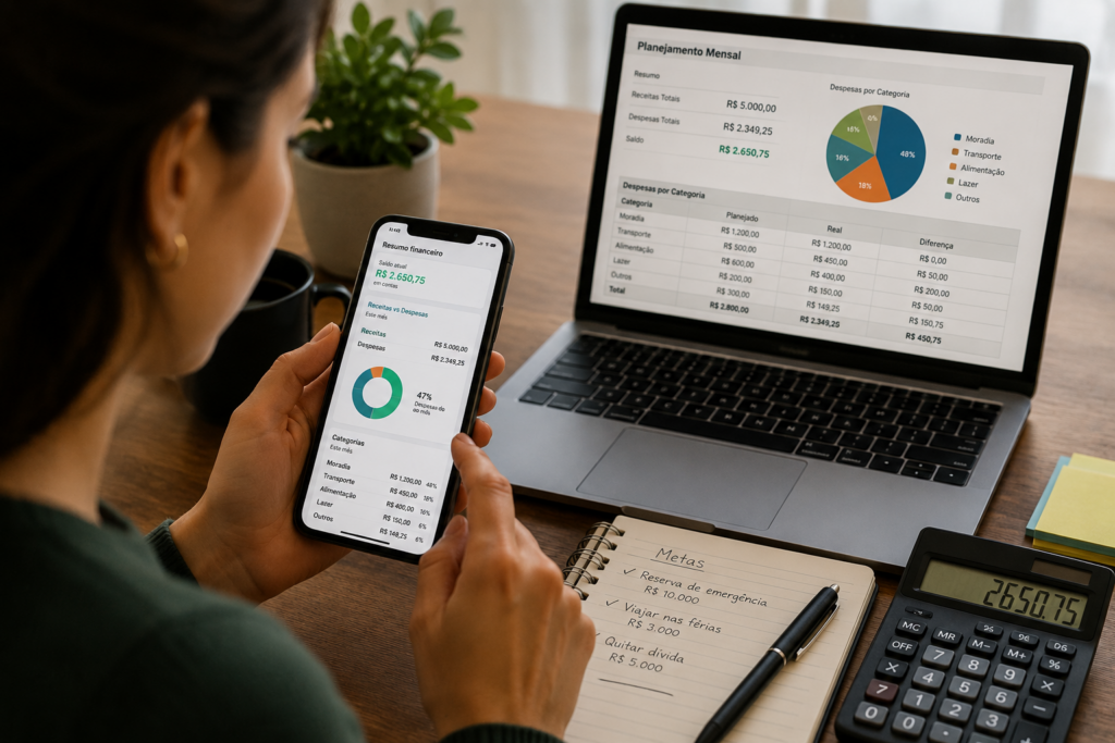 Pessoa organizando as finanças no celular para aprender como juntar dinheiro