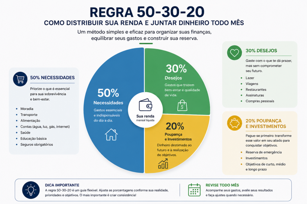 Infográfico da regra 50-30-20 mostrando como distribuir a renda para juntar dinheiro