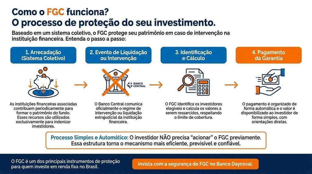 Infográfico explicando como o FGC funciona, detalhando etapas de arrecadação, intervenção e pagamento da garantia ao investidor.