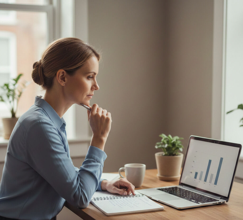 Mulher elegante pesquisando onde investir 5k.