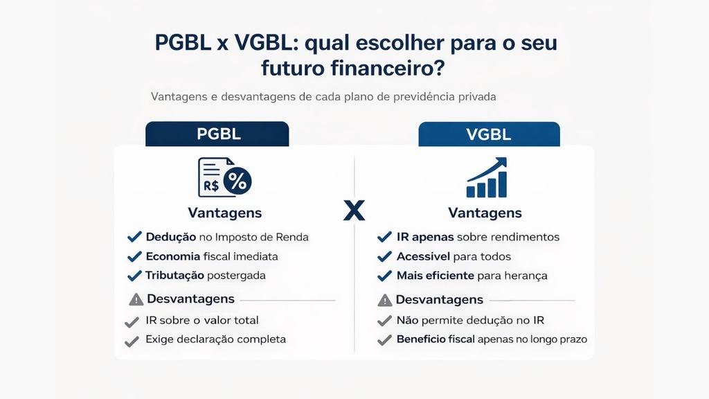 Infográfico explicativo sobre as vantagens e desvantagens do PGBL e VGBL.