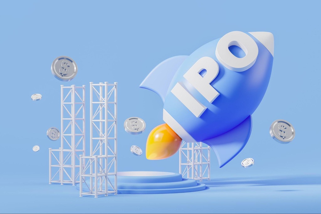 ilustração de foguete azul com a sigla IPO