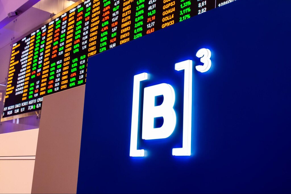 Logotipo da B3 e painel de ações em destaque, representando o funcionamento do Ibovespa no mercado brasileiro.