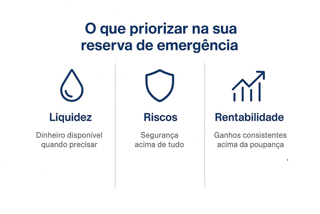 infográfico explicando o que priorizar na reserva de emergência, sendo os principais a liquidez, riscos e rentabilidade