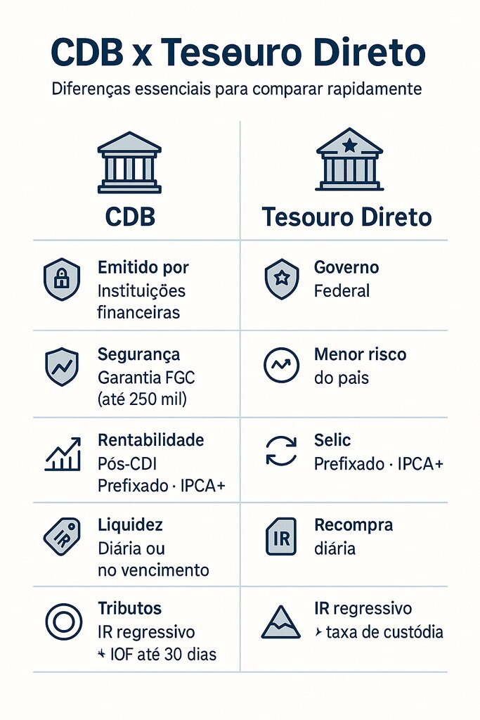 Infográfico comparativo sobre a diferença entre CDB e Tesouro Direto.
