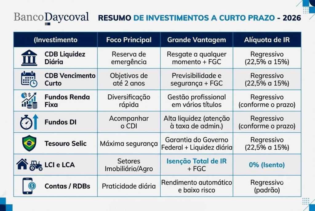 Infográfico mostrando tipos de investimento de curto prazo