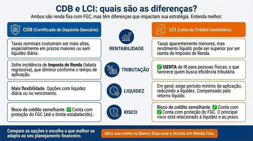 Infográfico comparativo com as diferenças entre CDB e LCI.