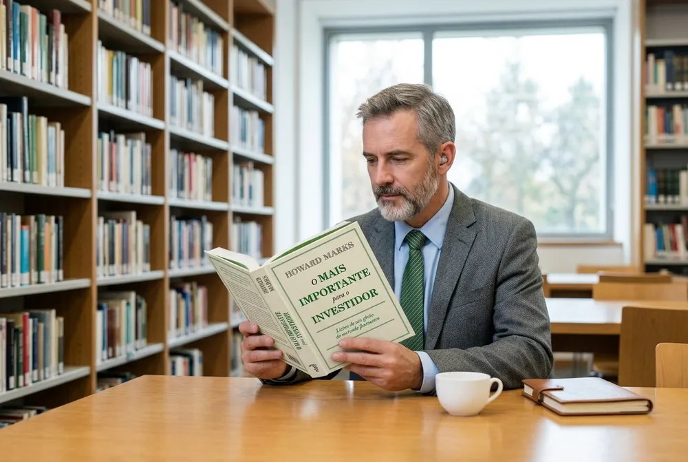 Homem em ambiente acadêmico focado na leitura de livros de investimentos, com uma xícara de café sobre a mesa de madeira.