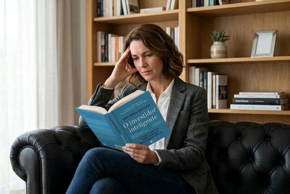 Mulher sentada em um sofá de couro preto, concentrada na leitura de "O Investidor Inteligente", um dos principais livros de investimentos clássicos.