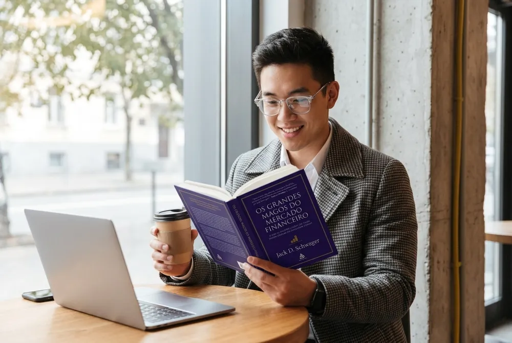 Homem jovem sorrindo enquanto lê "Os Grandes Magos do Mercado Financeiro" em um café, demonstrando como livros de investimentos podem ser lidos em qualquer lugar.
