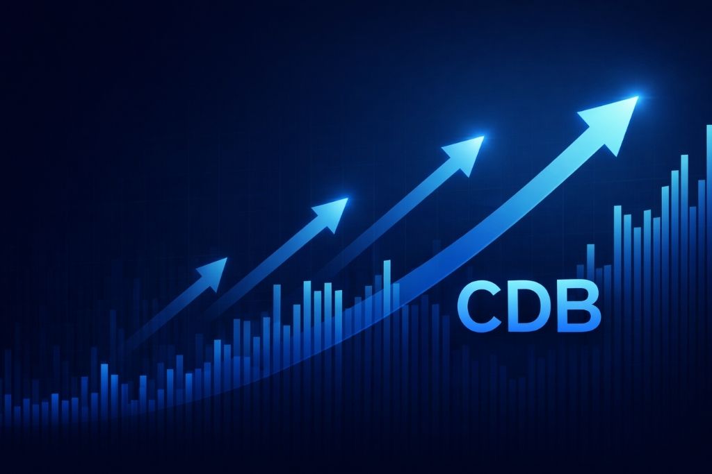 Ilustração digital com fundo azul escuro apresentando um gráfico de barras ascendente e três setas luminosas apontando para o alto, simbolizando rentabilidade financeira. À direita está a sigla CDB em destaque, representando visualmente a valorização do capital para o investidor que pesquisa qual o melhor banco para investir em CDB com foco em crescimento constante.