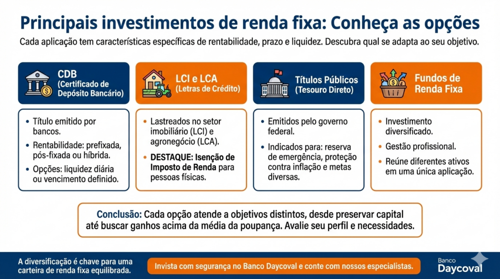 Infográfico com principais investimentos de renda fixa.