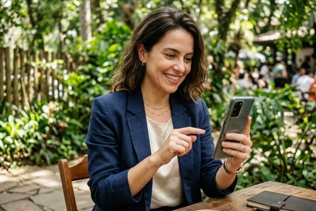 Mulher sorridente utilizando celular para pesquisar se o banco Daycoval é o banco mais seguro para investir.