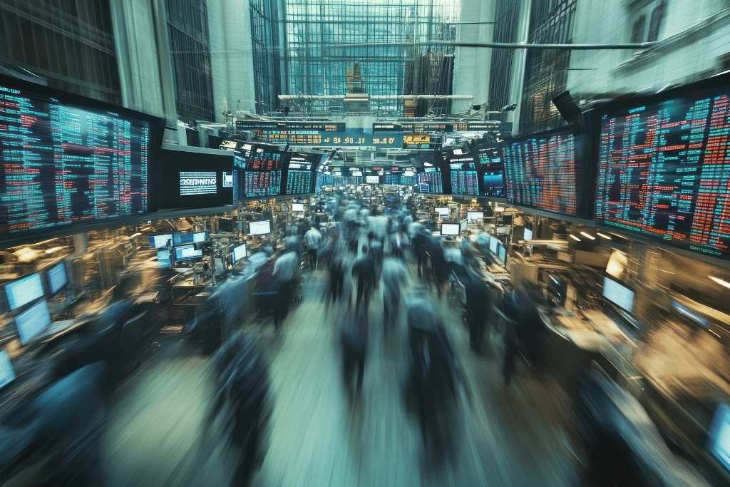 Pessoas andando de forma veloz na bolsa mundial NYSE.