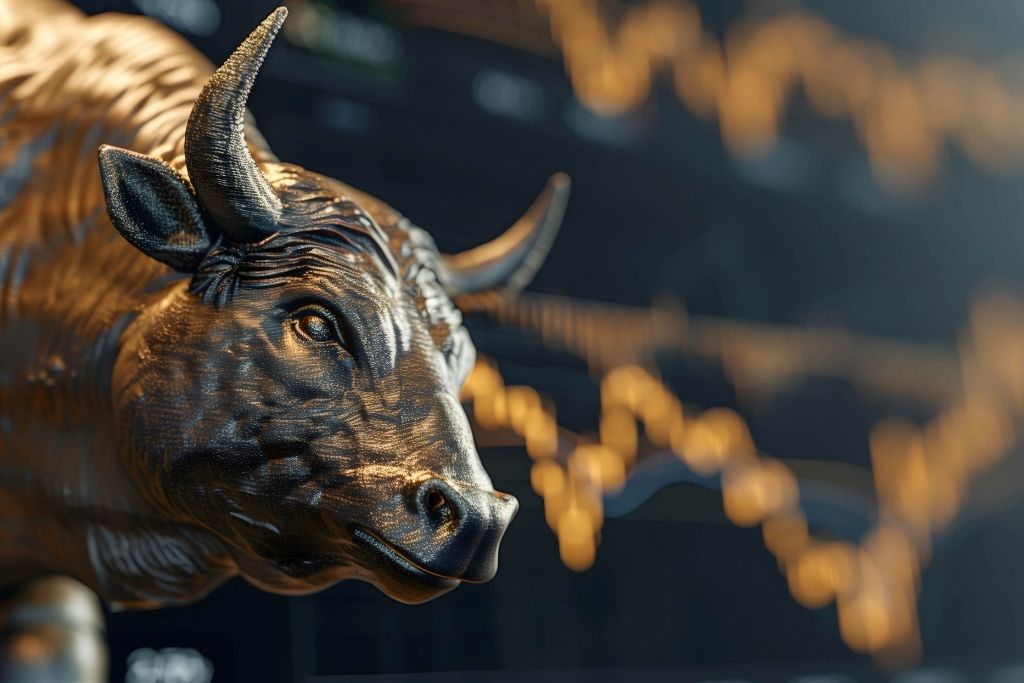 Fotografia em close-up de uma estátua metálica de cabeça de touro com acabamento texturizado e brilhante. Ao fundo, de forma desfocada, observa-se um painel eletrônico com gráficos de linhas luminosas que representam as flutuações de preços típicas de um período de Bull Market no mercado financeiro.