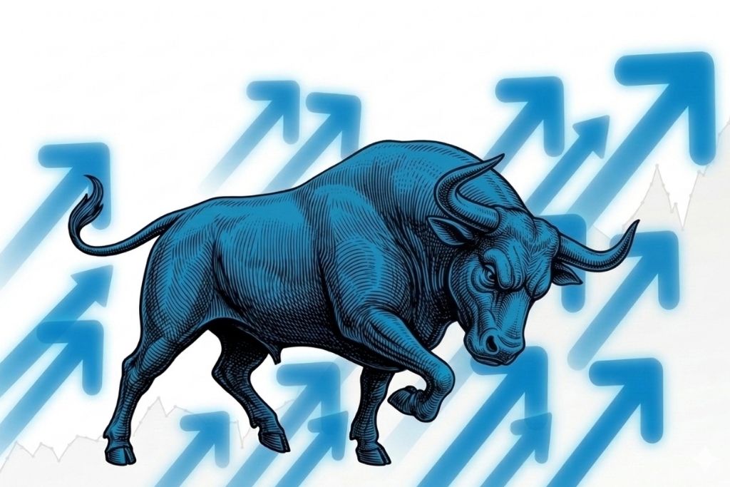 Ilustração em estilo gravura de um touro azul robusto em posição de ataque. O animal está centralizado e cercado por diversas setas ascendentes em tons de azul claro que apontam para o canto superior direito, simbolizando graficamente o conceito de Bull Market e o movimento de alta nos preços dos ativos.