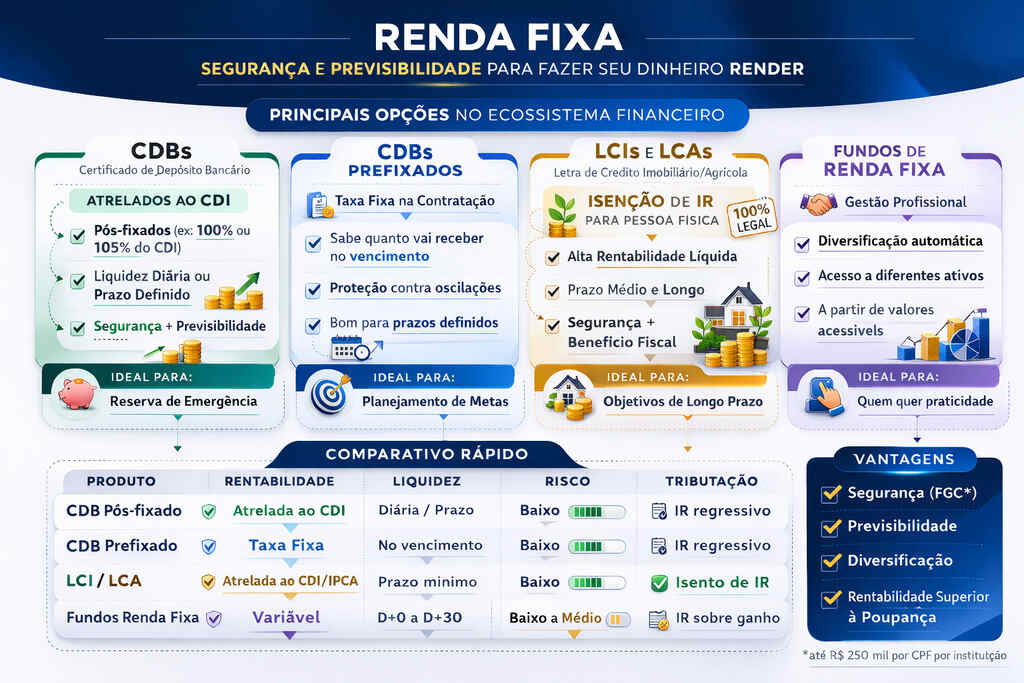 Infográfico mostrando opções de renda fixa para fazer o dinheiro render.