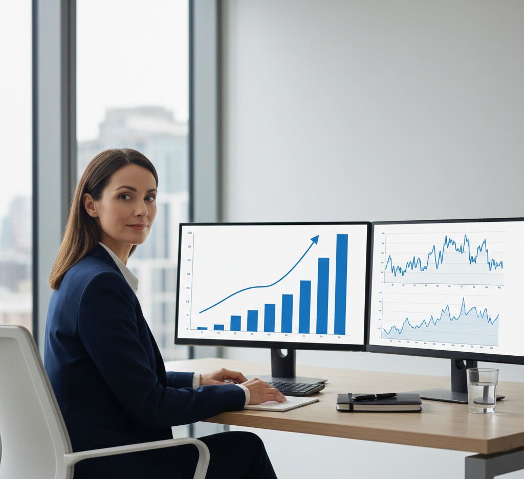 Mulher elegante em escritório, com dois monitores mostrando gráficos financeiros sobre market cap.