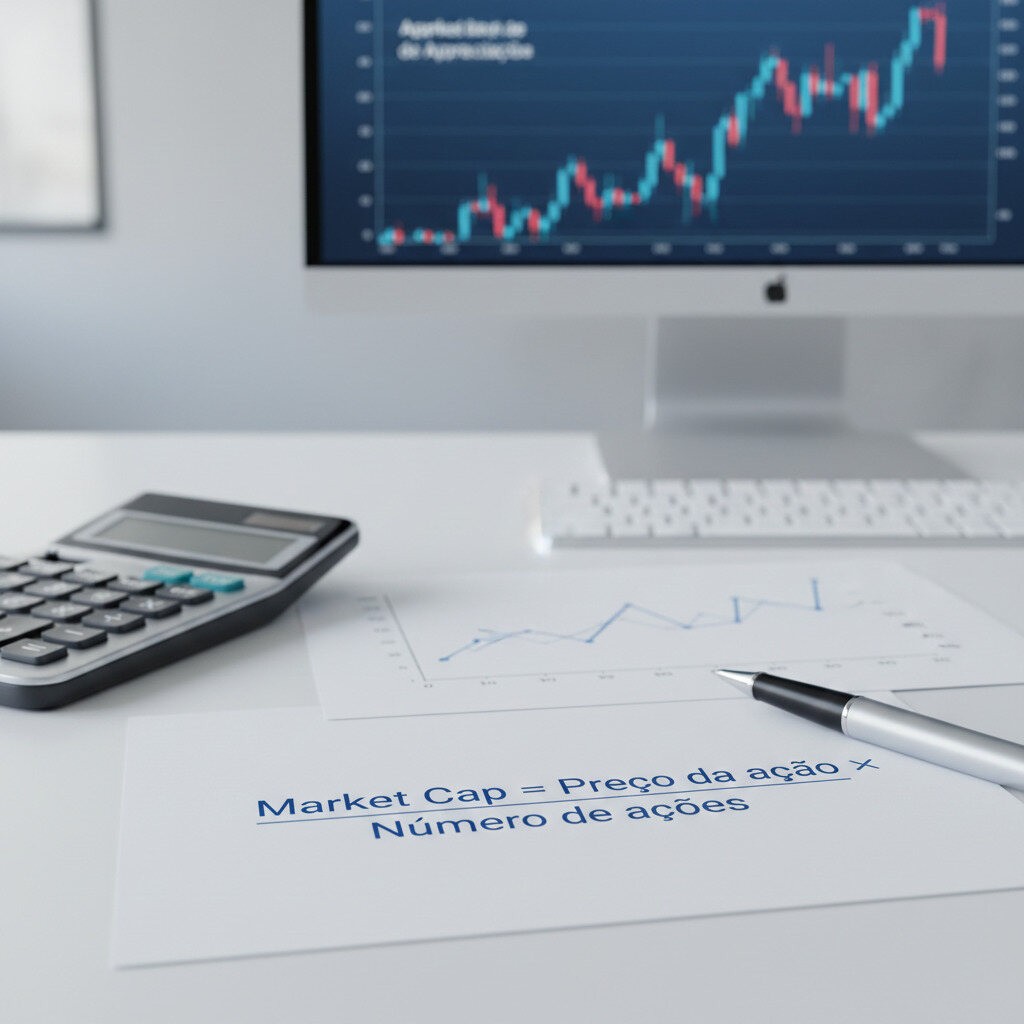 Mesa com computador, calculadora, caneta e papéis mostrando a fórmula do cálculo do market cap.