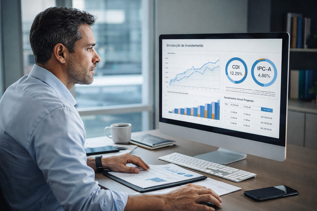 Homem utilizando computador com dados para saber qual melhor banco para guardar dinheiro e render.