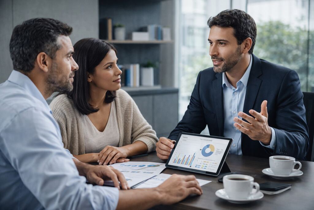 Especialista financeiro conversando com casal sobre qual melhor banco para guardar dinheiro e fazer render.