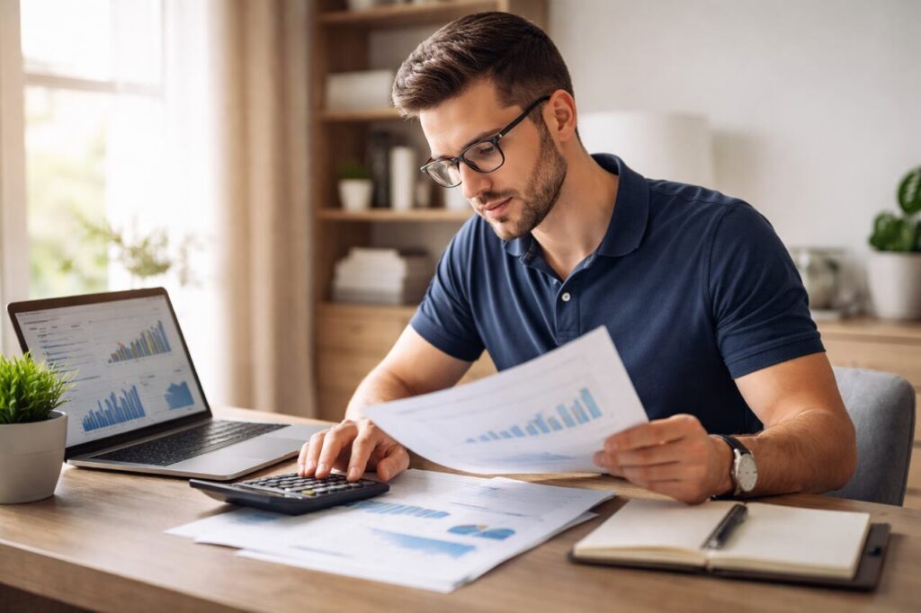 Homem analisando investimentos no home office com calculadora e relatórios financeiros, representando escolha entre tipos de investimento
