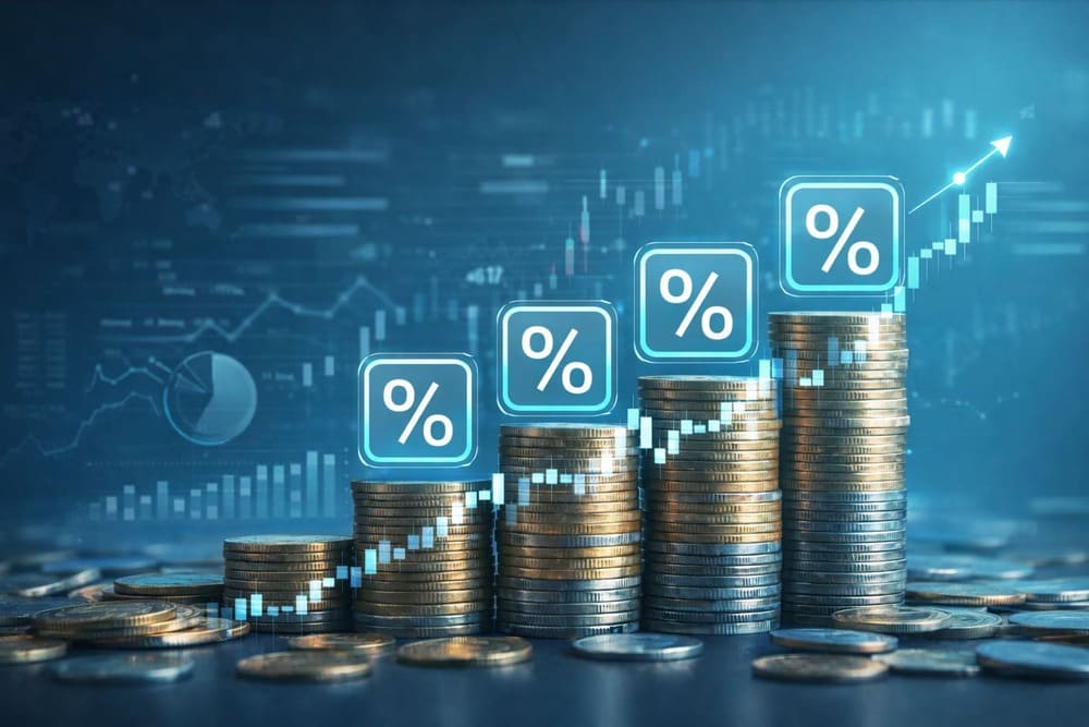 Pilhas de moedas com gráfico de crescimento e ícones de porcentagem, representando estratégias de um banco de investimento.
