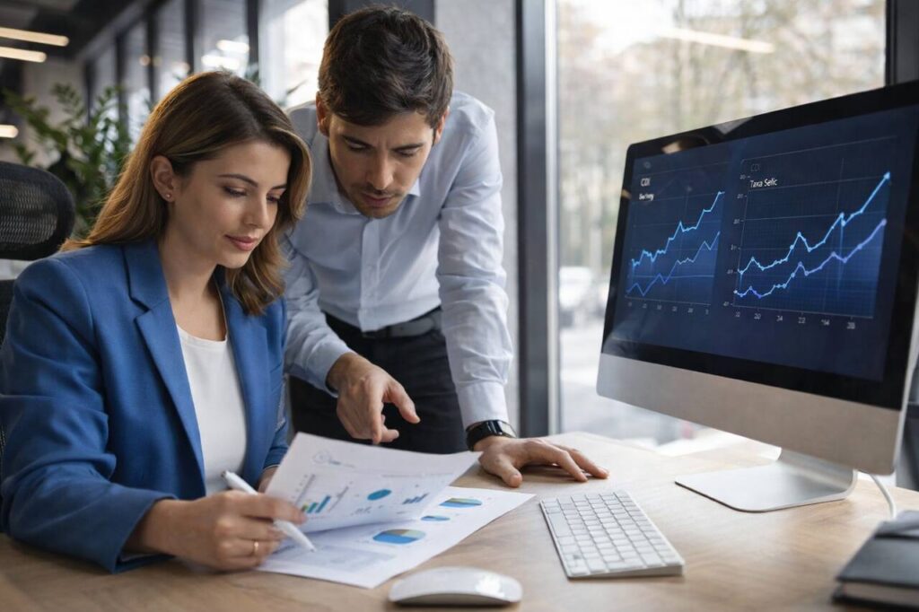 Homem e mulher analisando gráficos financeiros em escritório, avaliando investimentos atrelados ao CDI e à taxa Selic