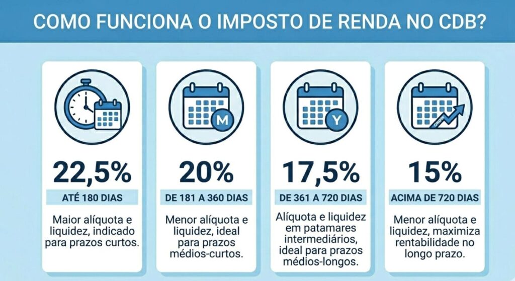 Infográfico mostrando como funciona o imposto de renda no CDB.