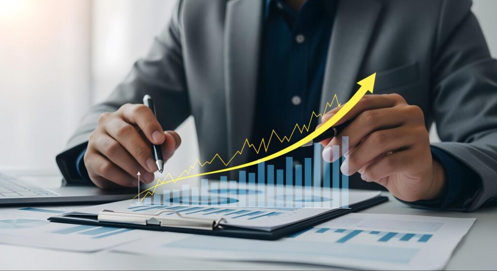 Homem utilizando dados financeiros para decidir onde investir 50 mil.