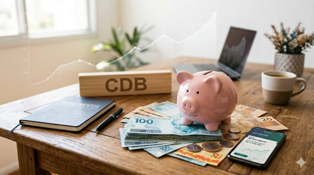 Cofre em formato de porquinho, notas e moedas de Real Brasileiro em cima de mesa com celular, papéis, notebook e caneca de café, e uma placa de madeira escrito "CDB".
