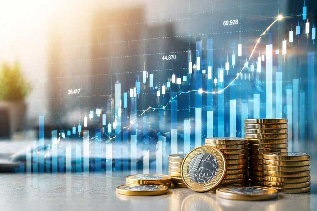 Moedas de real com gráfico financeiro de alta representando valorização de investimentos e ações no mercado