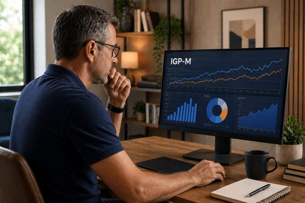 Homem analisando gráficos financeiros do IGP-M na tela do computador, avaliando indicadores econômicos e investimentos.