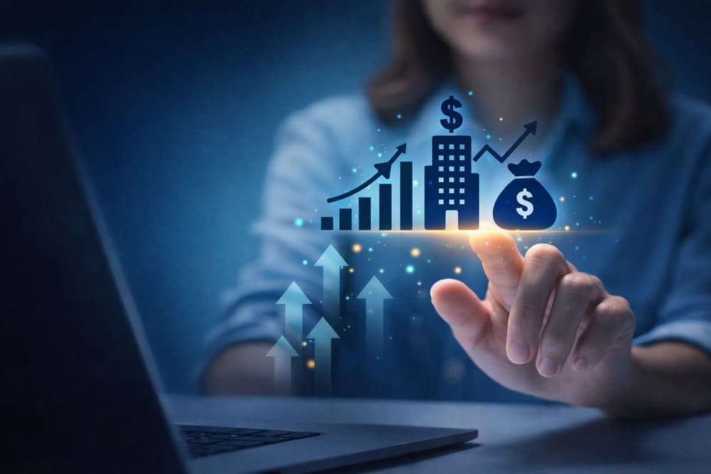 ulher utilizando notebook enquanto interage com ícones digitais de crescimento financeiro e imóveis, representando como investir em imóveis de forma estratégica e moderna.
