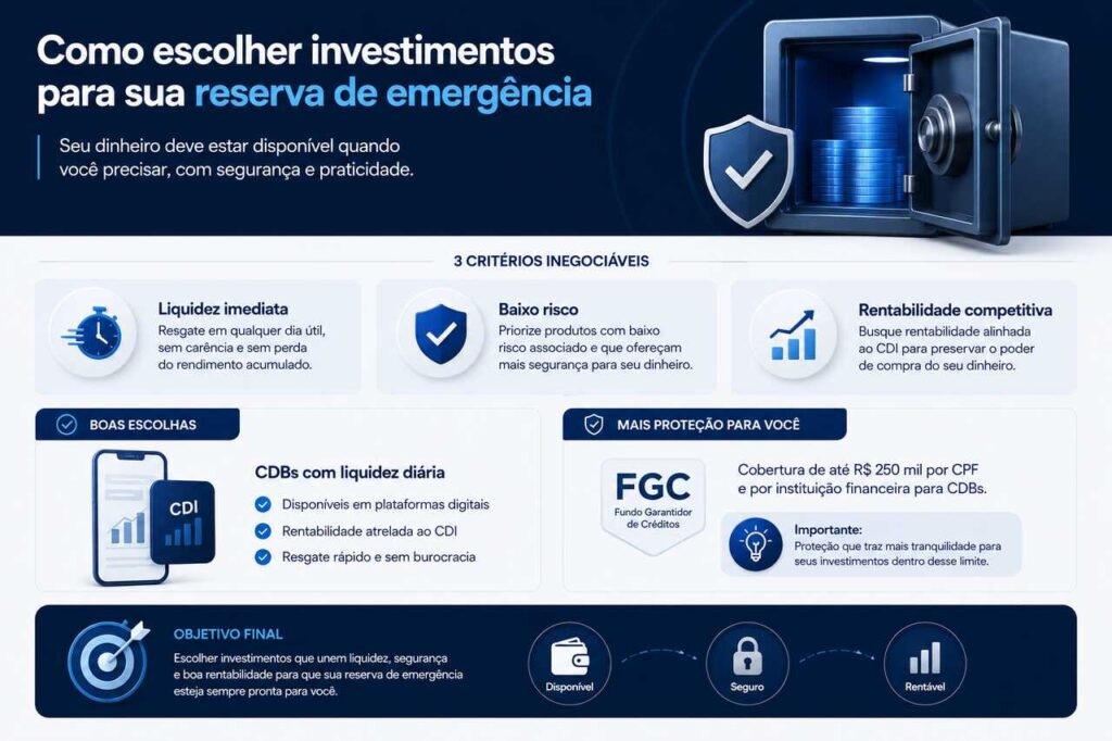 infográfico como escolher investimentos para reserva de emergência com liquidez e FGC