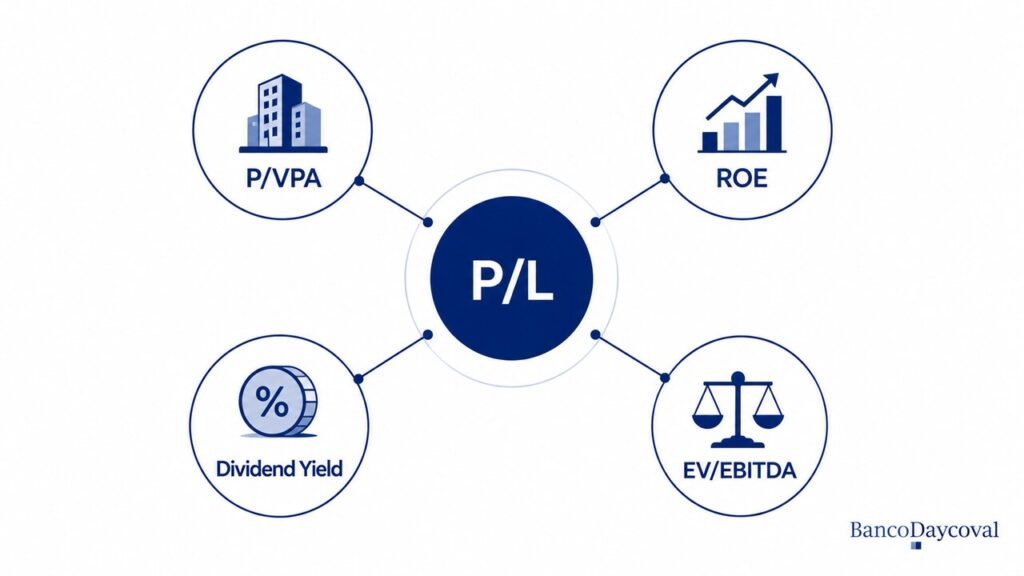Diagrama mostrando P/L como indicador central conectado a P/VPA, ROE, Dividend Yield e EV/EBITDA