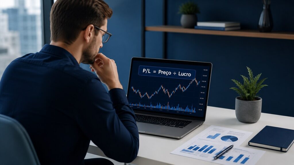 Pessoa analisando o índice P/L de ações em laptop com gráficos financeiros