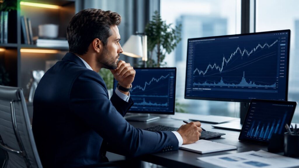 Investidor analisando gráficos do mercado primário e ações em ambiente corporativo