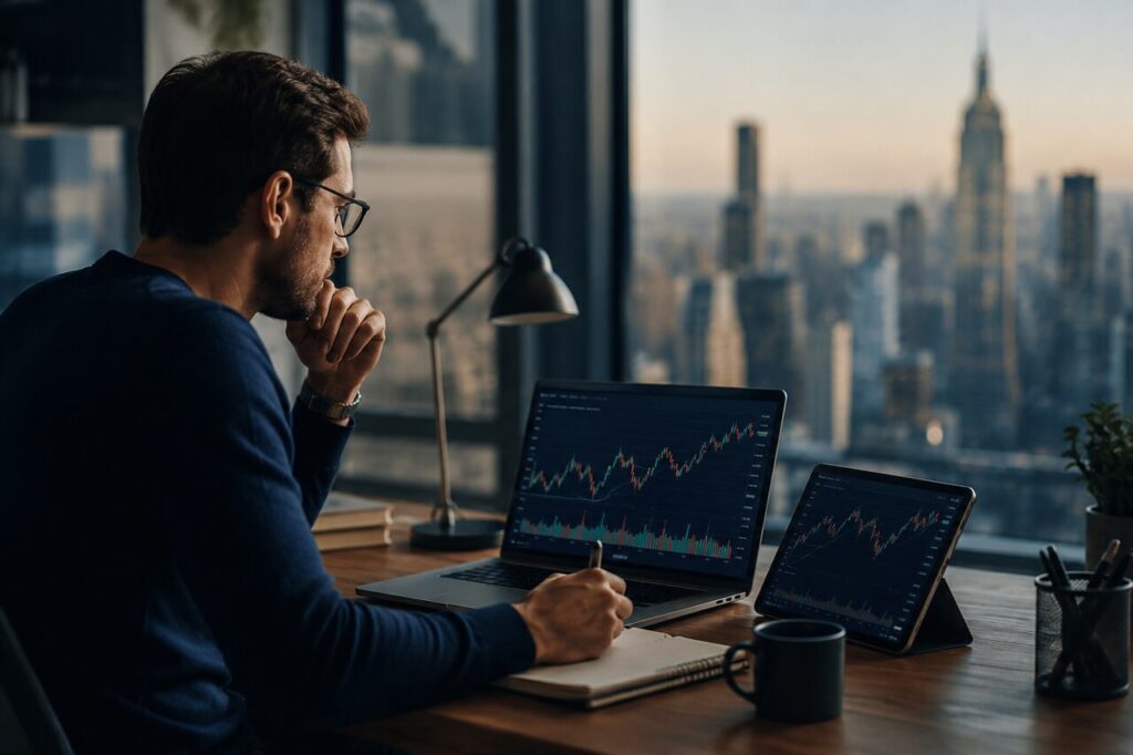 Homem conferindo dados e gráficos da bolsa americana