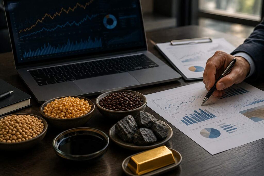Investidor analisando gráficos financeiros ao lado de amostras de soja, milho, café, minério de ferro, ouro e petróleo