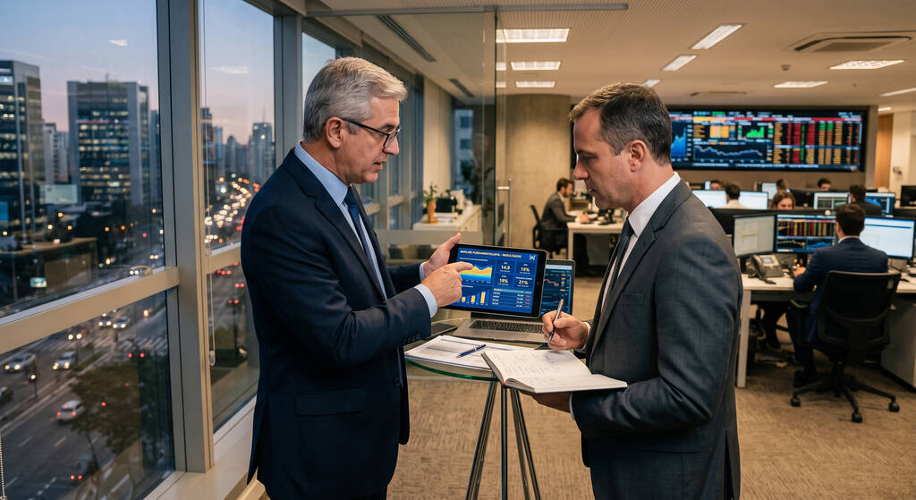 Dois executivos em um escritório corporativo moderno discutindo resultados de investimentos em um tablet com gráficos, demonstrando as vantagens da análise fundamentalista.
