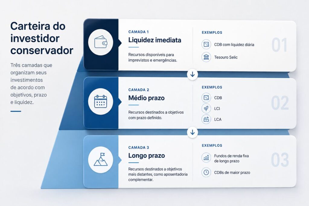 Carteira do investidor conservador dividida entre liquidez imediata, médio e longo prazo