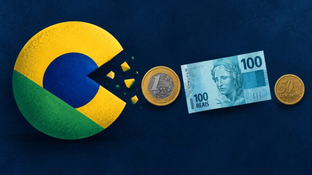 Imagem de nota e moedas de Real Brasileiro, ao lado de uma forma que simboliza o come-cotas