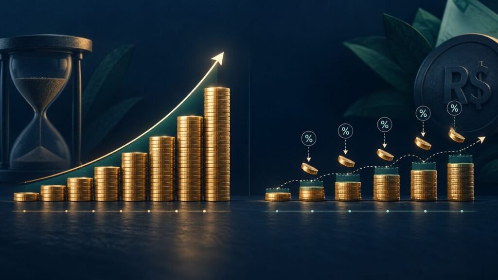 Comparação visual do efeito do come-cotas sobre o crescimento de investimentos ao longo do tempo.