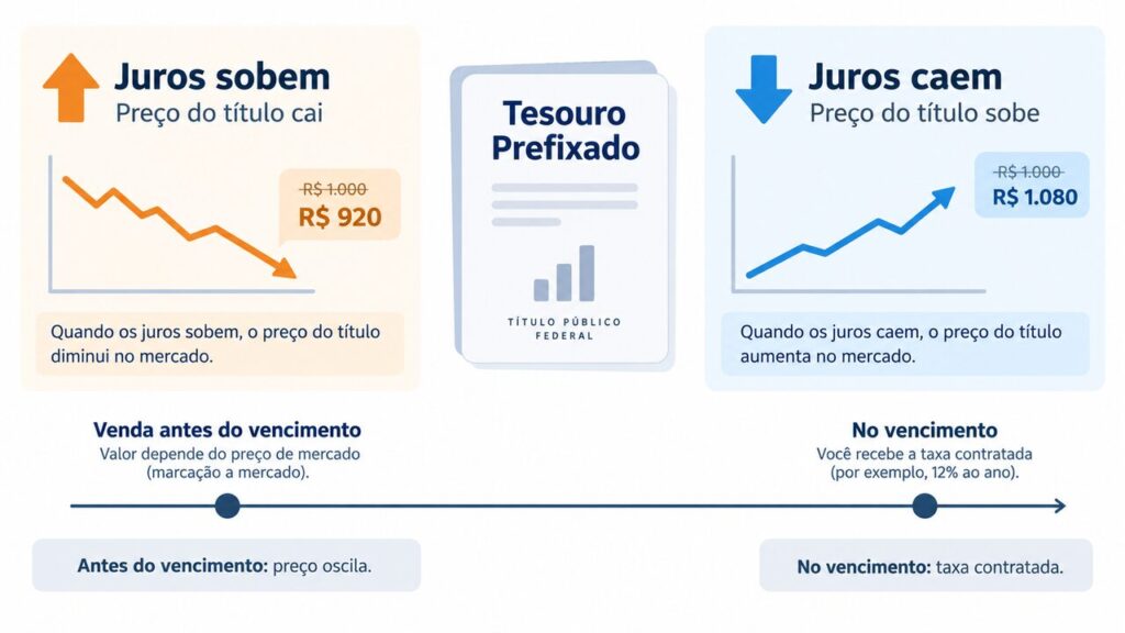 Infográfico mostra como a marcação a mercado afeta o Tesouro Prefixado antes do vencimento.