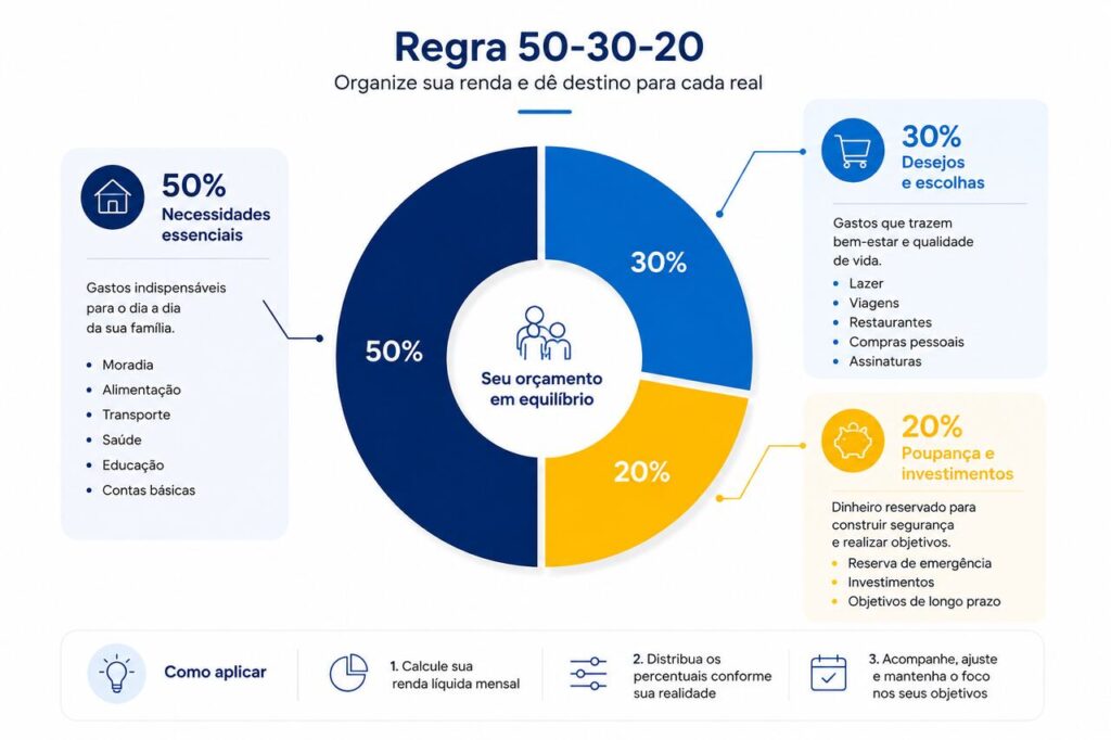 Infográfico da regra 50-30-20 para organização do orçamento familiar